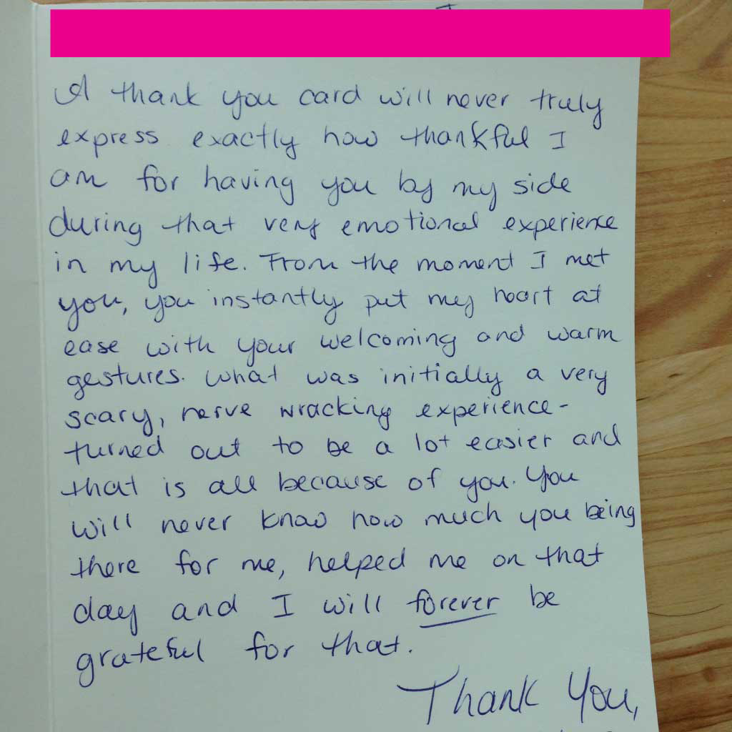 Handwritten letter on lined paper thanking the Brampton Women's Clinic for their professional care.