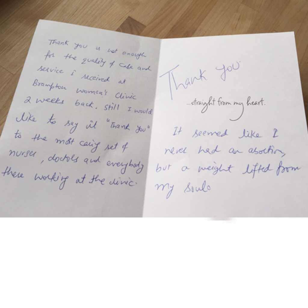 Folded thank you card from a patient shared on the Brampton Women's Clinic testimonial page.