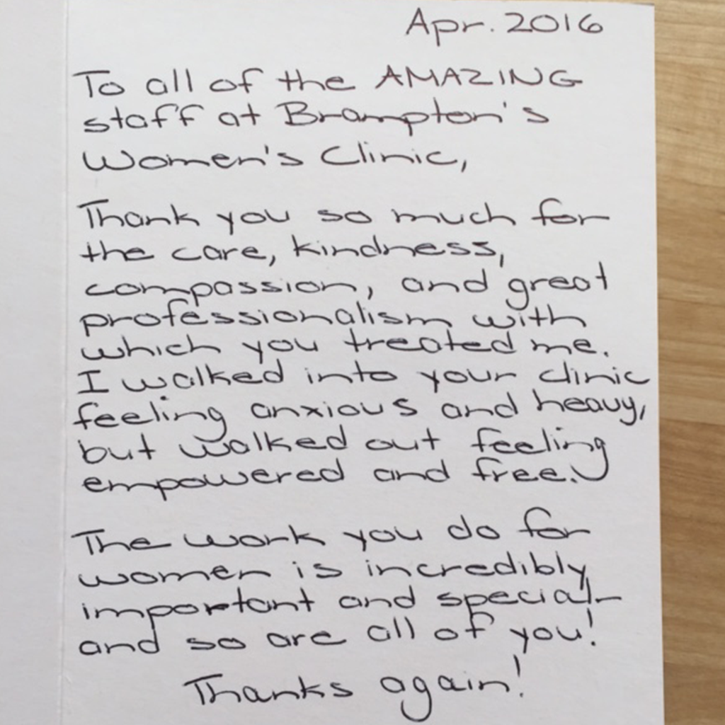 Detailed handwritten testimonial letter expressing thanks to the Brampton Women's Clinic medical team.